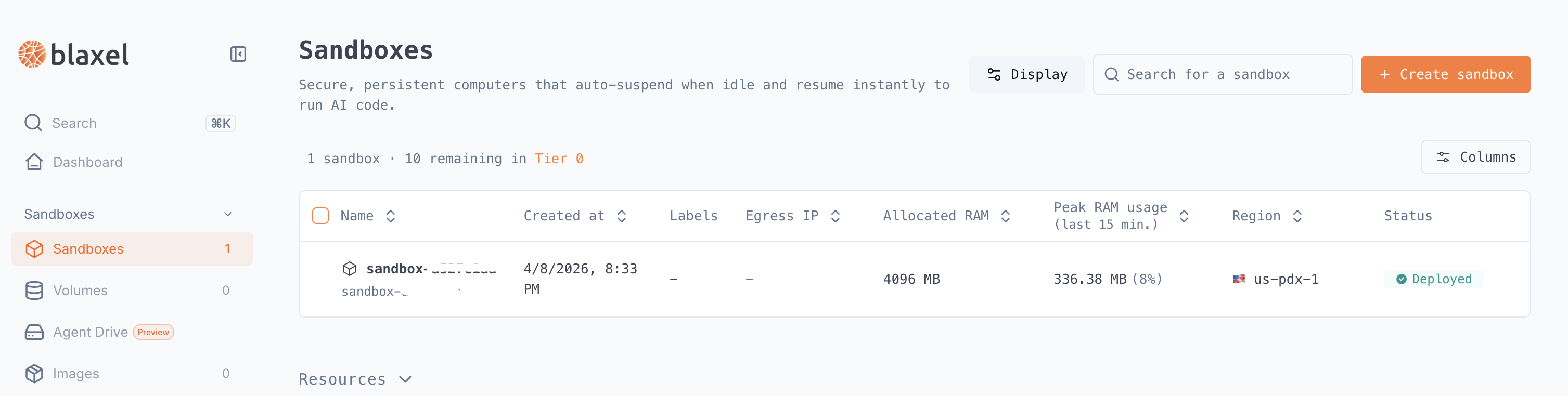 screenshot of Blaxel.ai sandbox list UI