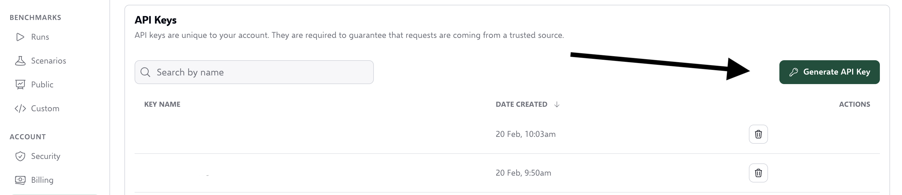 screenshot of Runloops's API key management interface