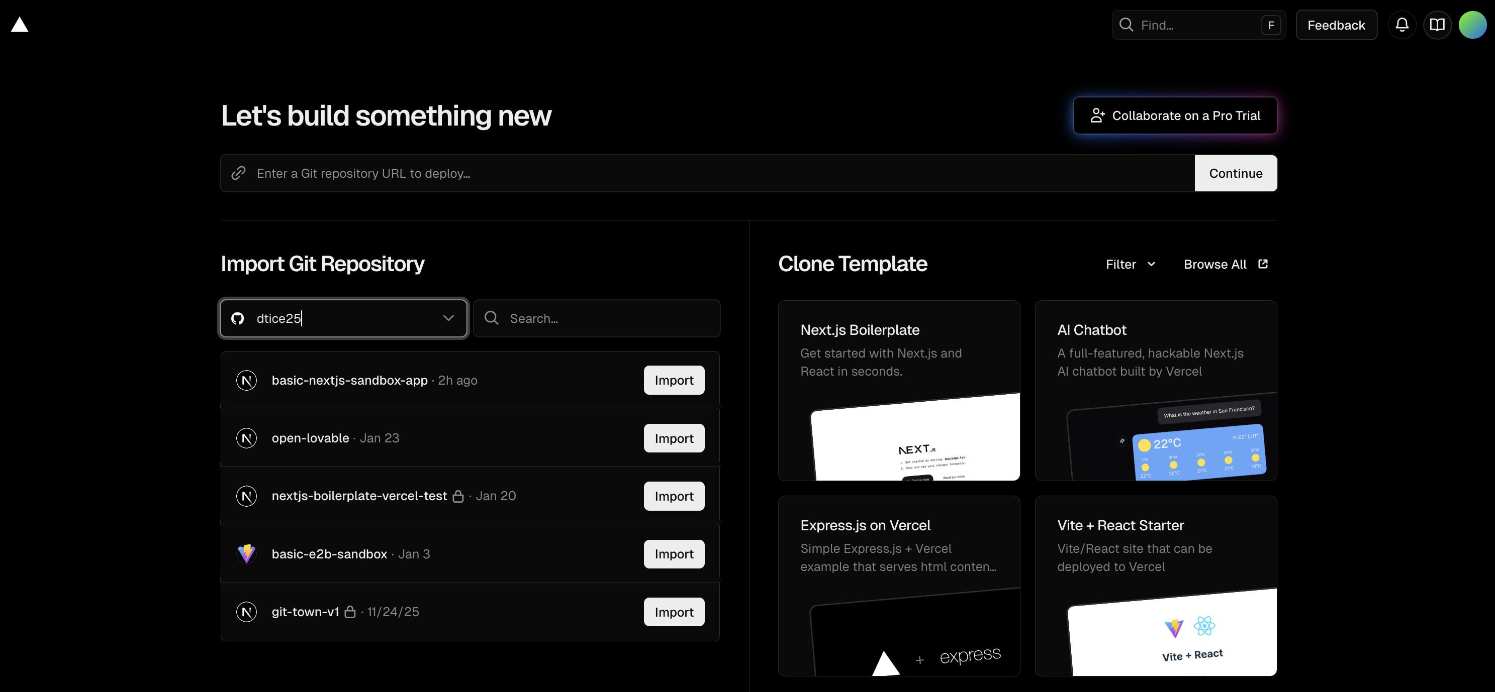Screenshot of Vercel's create project page