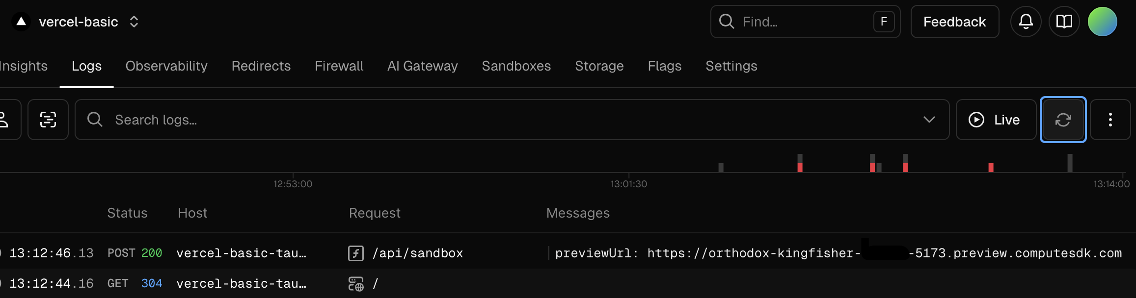 Screenshot of Vercel's logs page