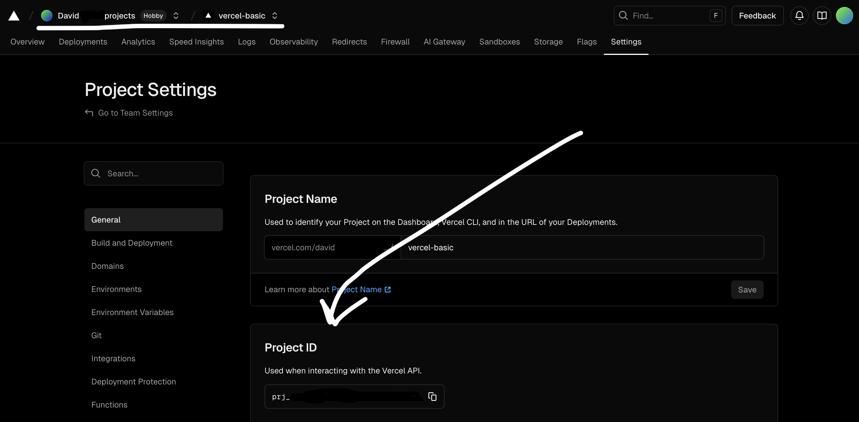 Screenshot of Vercel's project settings page