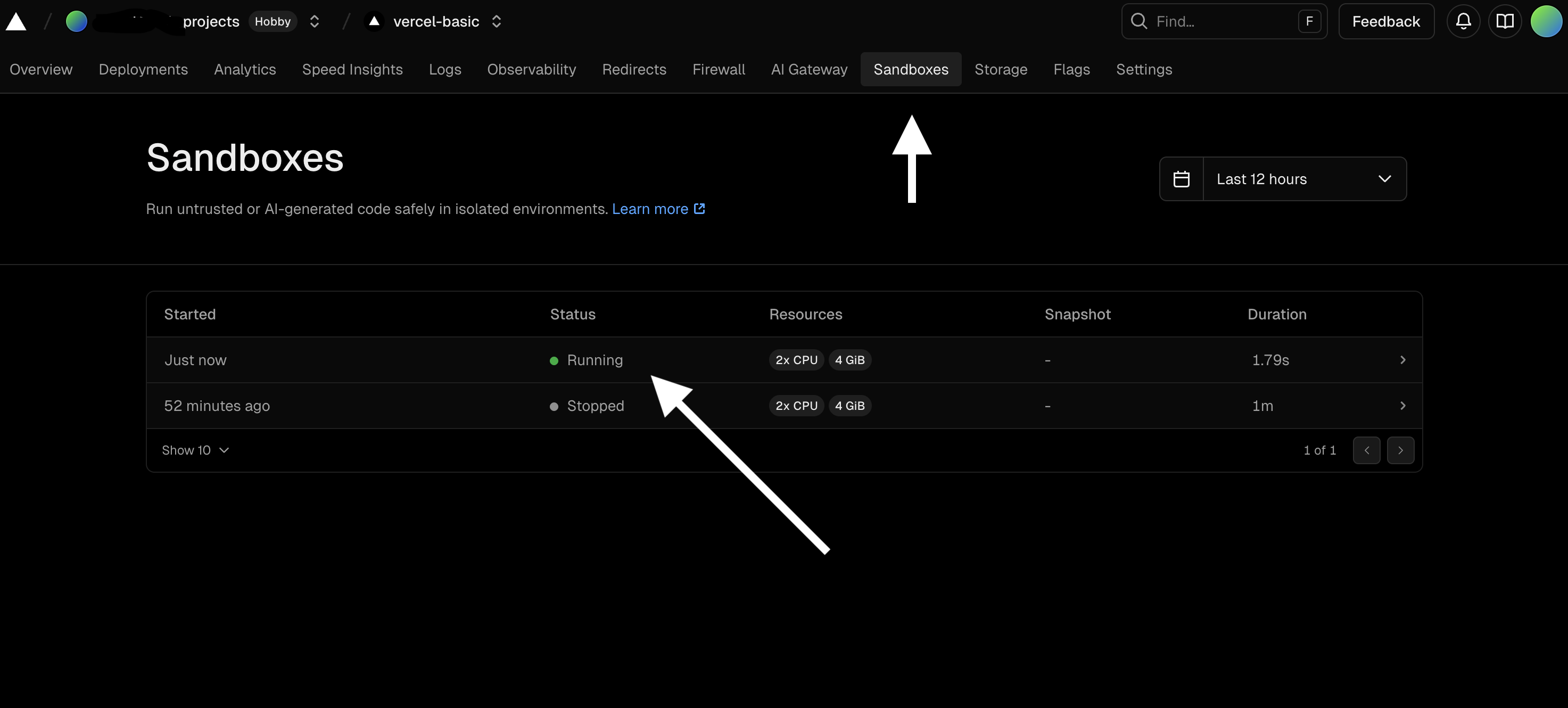 Screenshot of Vercel's sandboxes page
