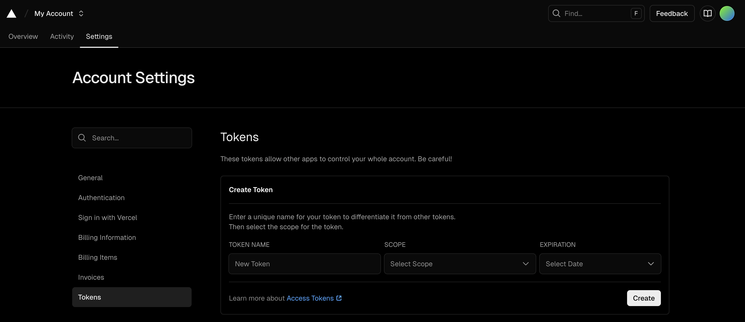 Screenshot of Vercel's account settings page