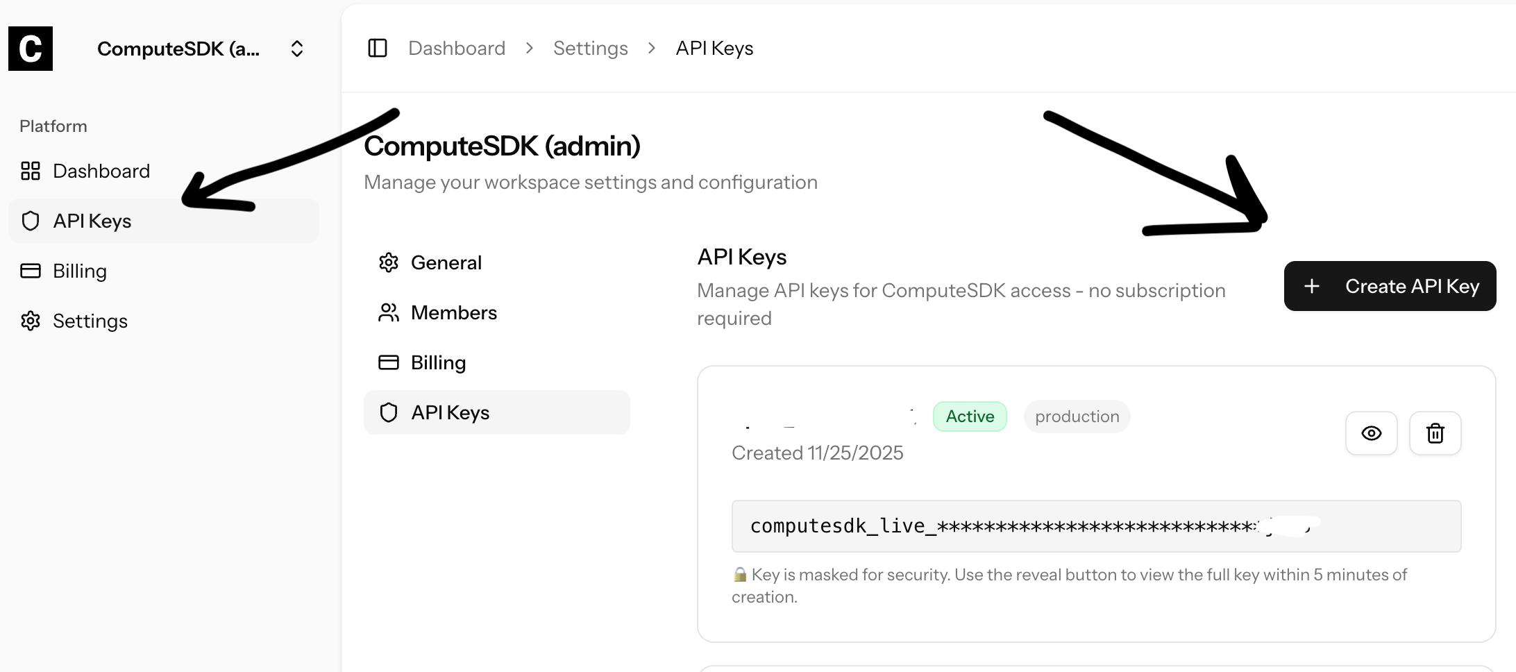 screenshot of ComputeSDK's API key management interface