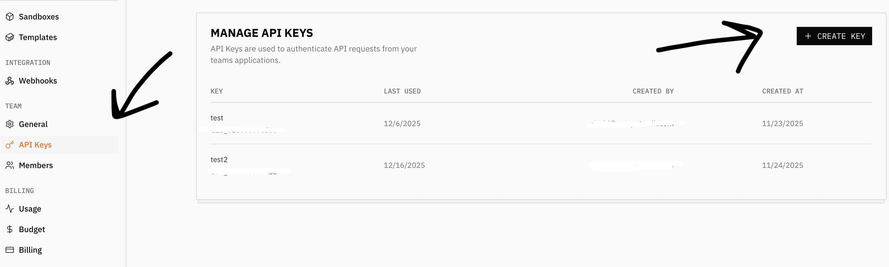 screenshot of E2B's API key management interface
