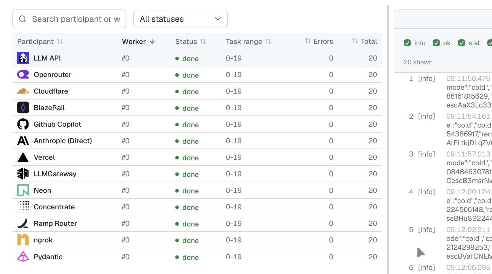 Worker status table beside a live run log stream