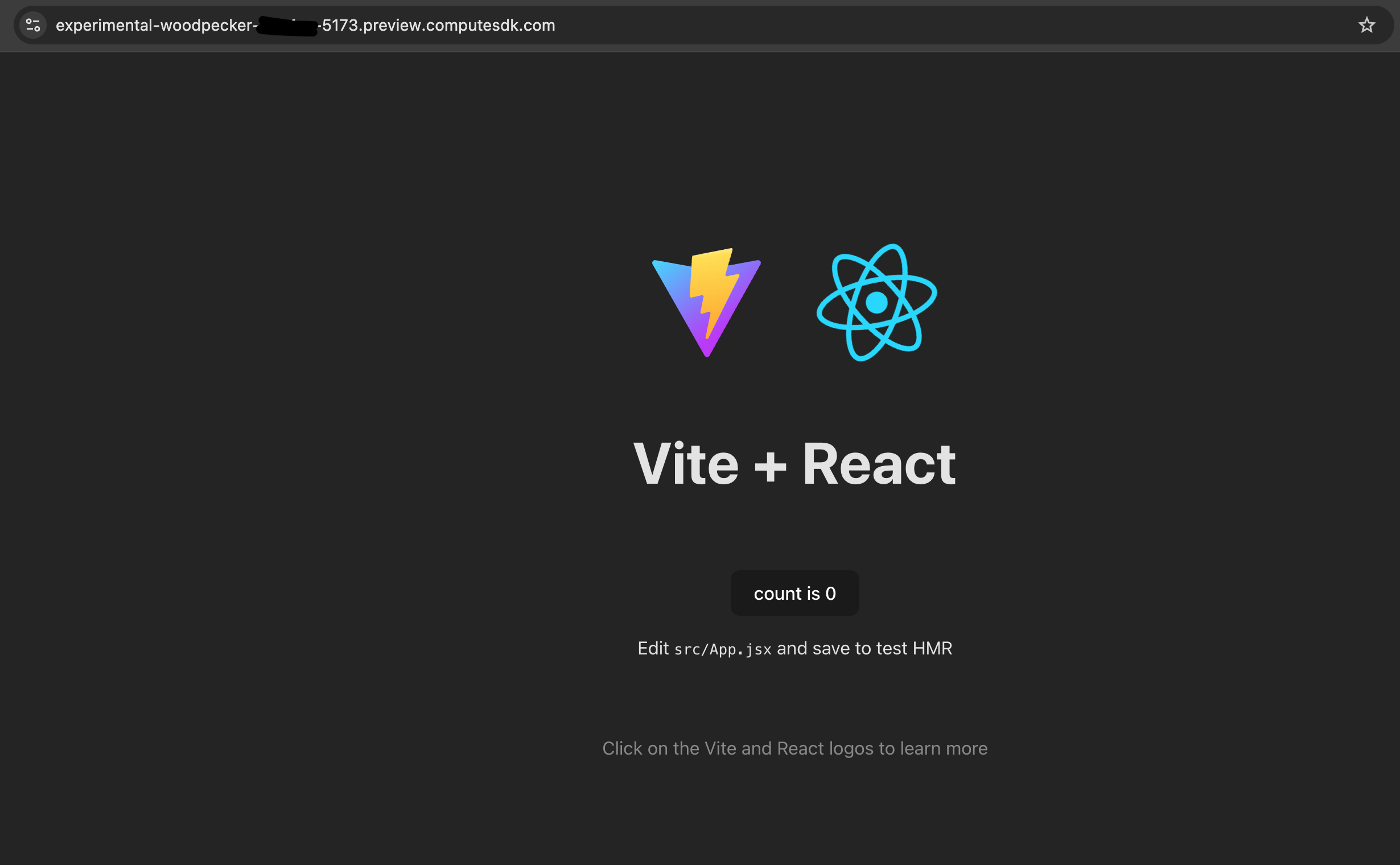 screenshot of Vite app running in E2B sandbox via ComputeSDK
